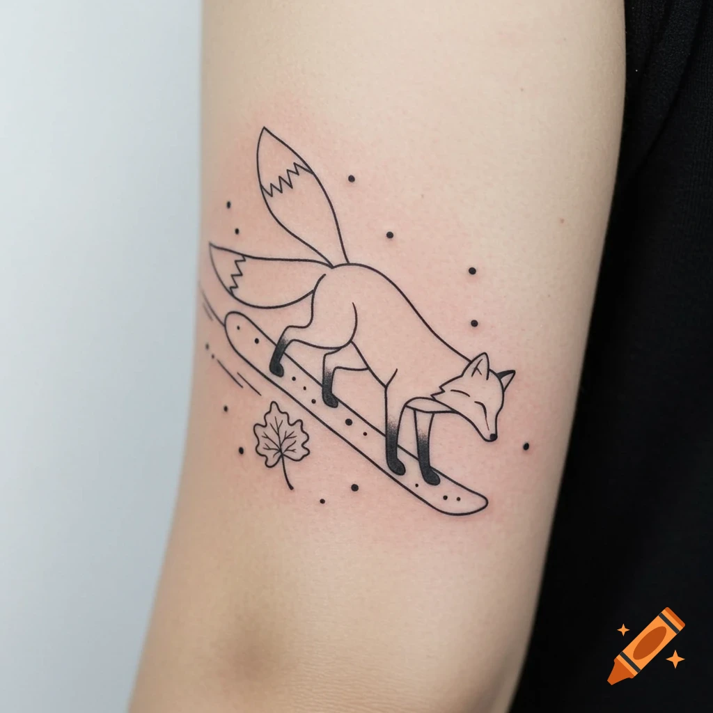 Simple black line tattoo of a fox snowboarding with a leaf.