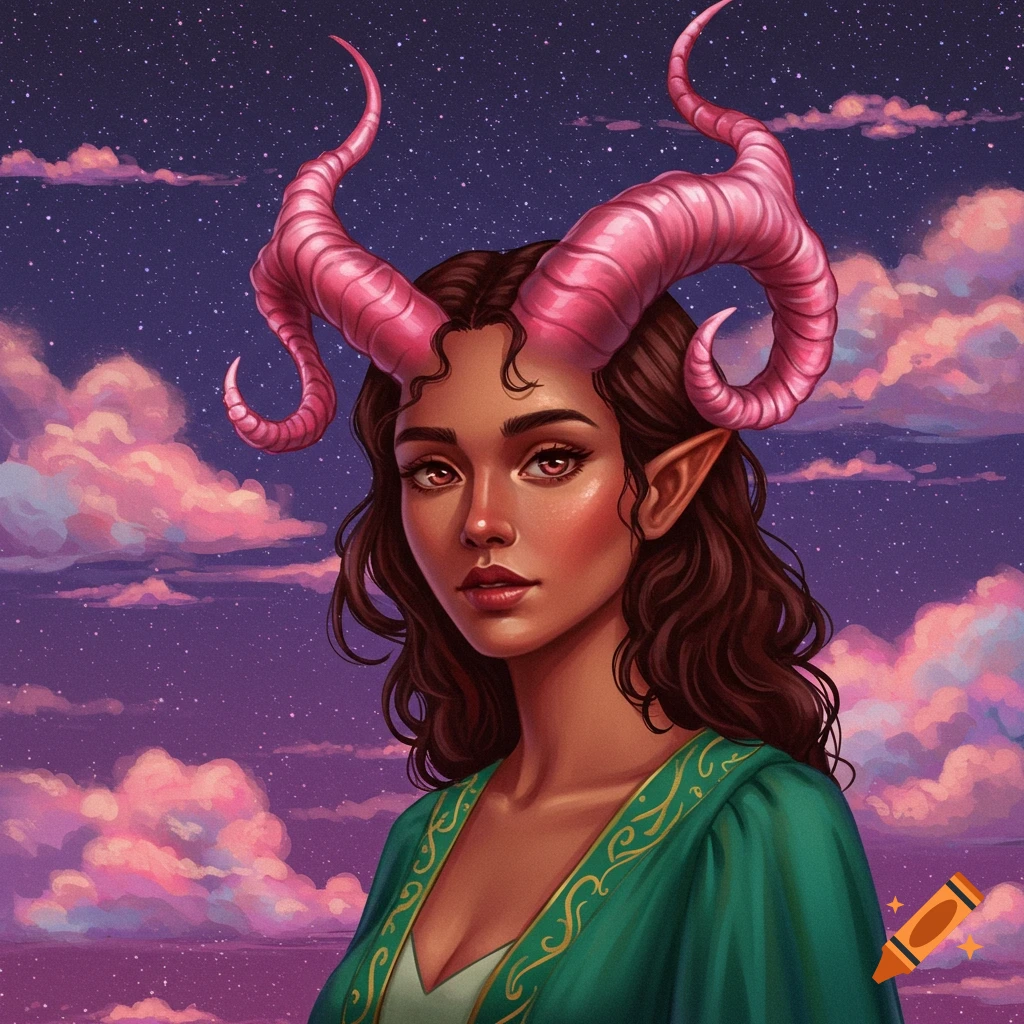 A woman with pink horns and elf ears is depicted against a starry sky.