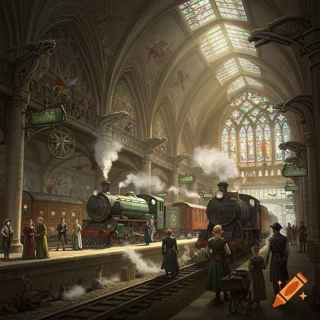 A fantasy renaissance train station with steam trains, passengers, and stained glass windows.