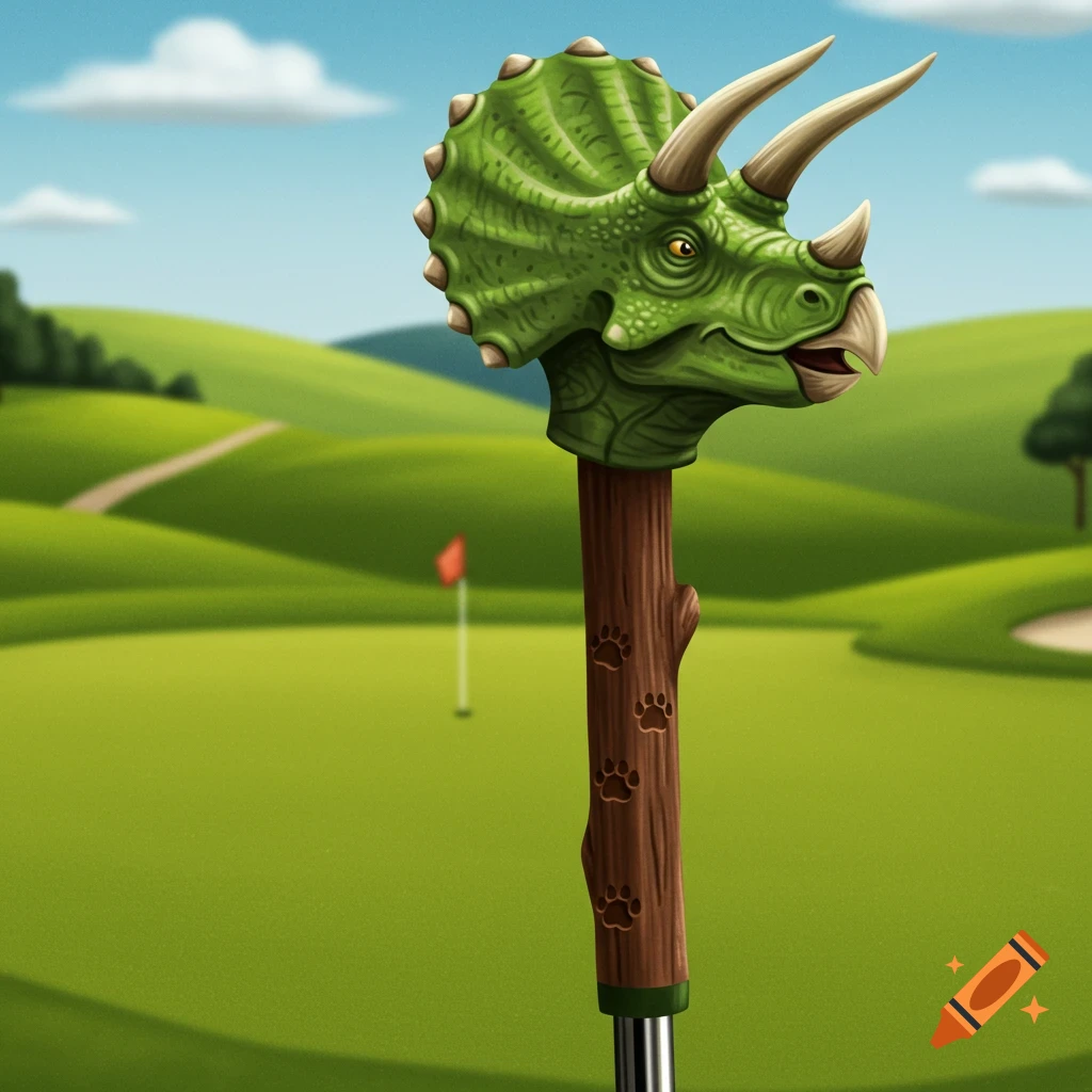 A golf putter with a green triceratops head cover rests on a golf course.