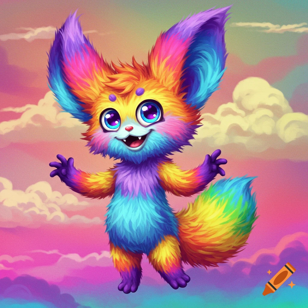 A colorful, fluffy fantasy creature with big ears against a pastel sky.