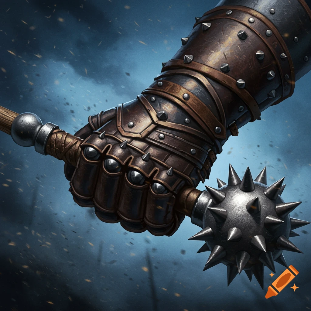 A medieval armored gauntlet holding a spiked iron mace
