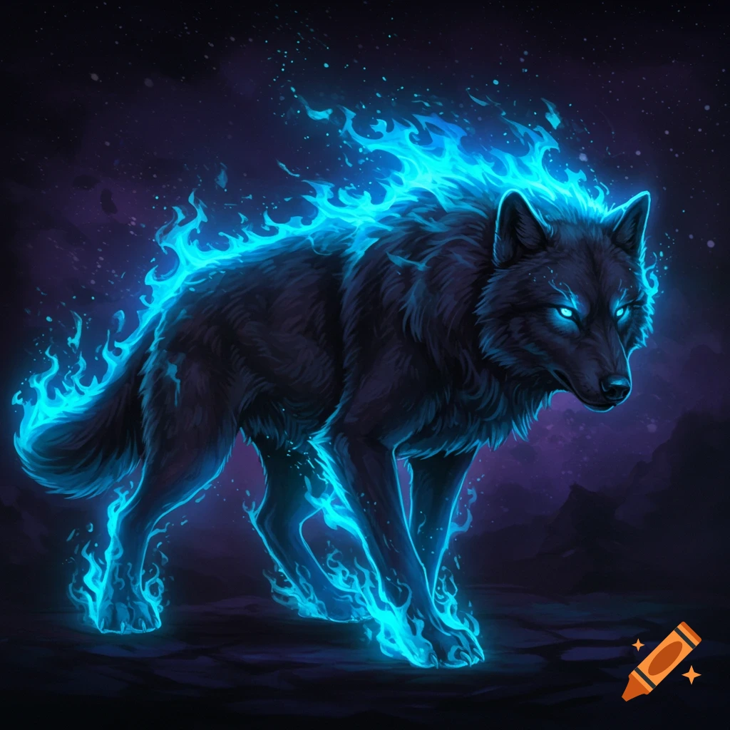 A black wolf is engulfed in blue flames in a dark landscape.