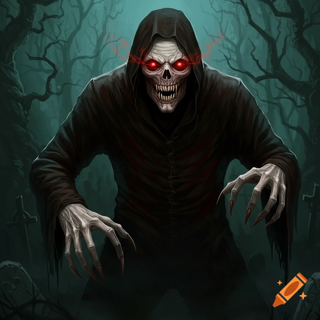 A terrifying skeletal creature in a hooded robe with glowing red eyes stands in a dark graveyard.