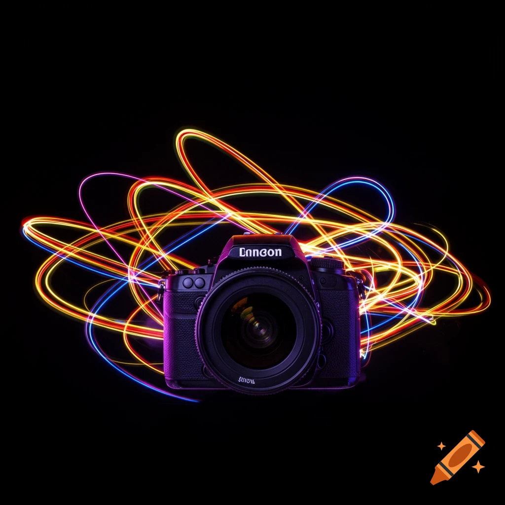 A camera sits on a black background, surrounded by swirling trails of multicolored light.
