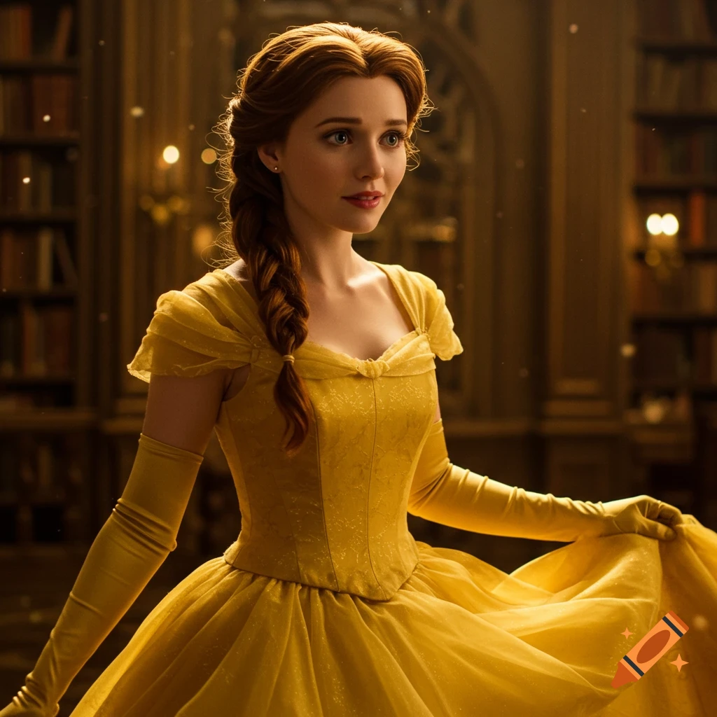 A woman resembling Belle from Beauty and the Beast in a yellow ballgown stands in a grand library.