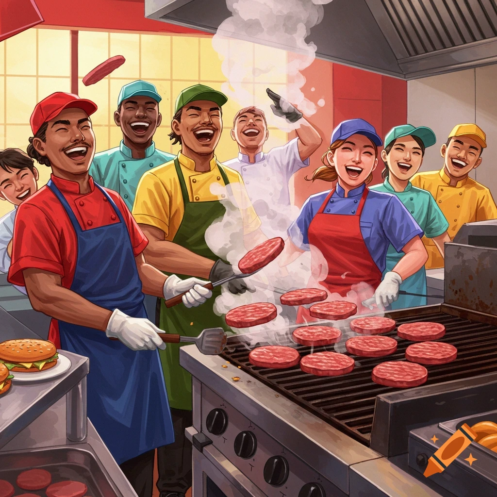 Happy kitchen workers grilling burger patties.