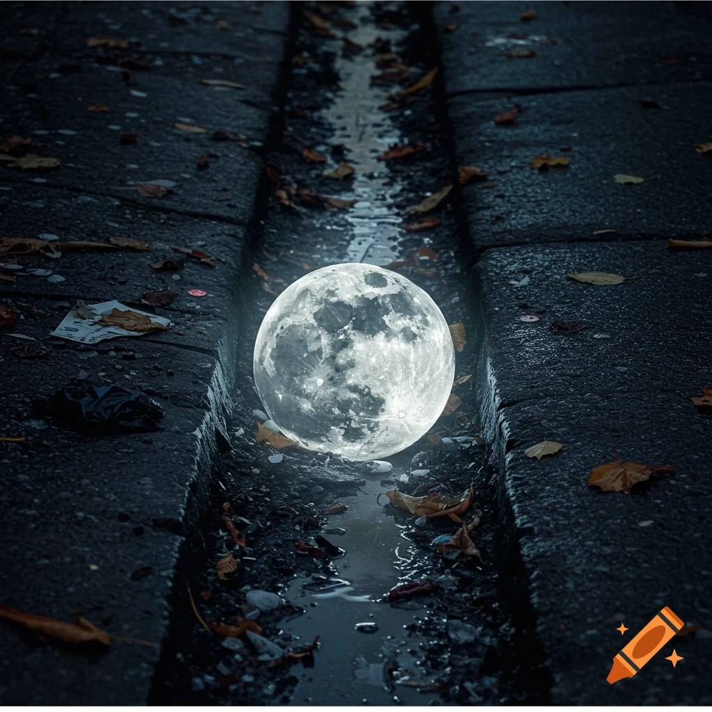 A bright full moon rests in a dark, wet gutter filled with debris and leaves.