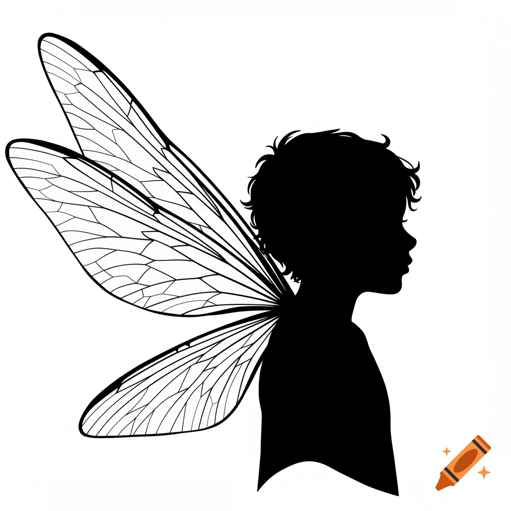 A profile silhouette of a boy fairy with detailed wings.