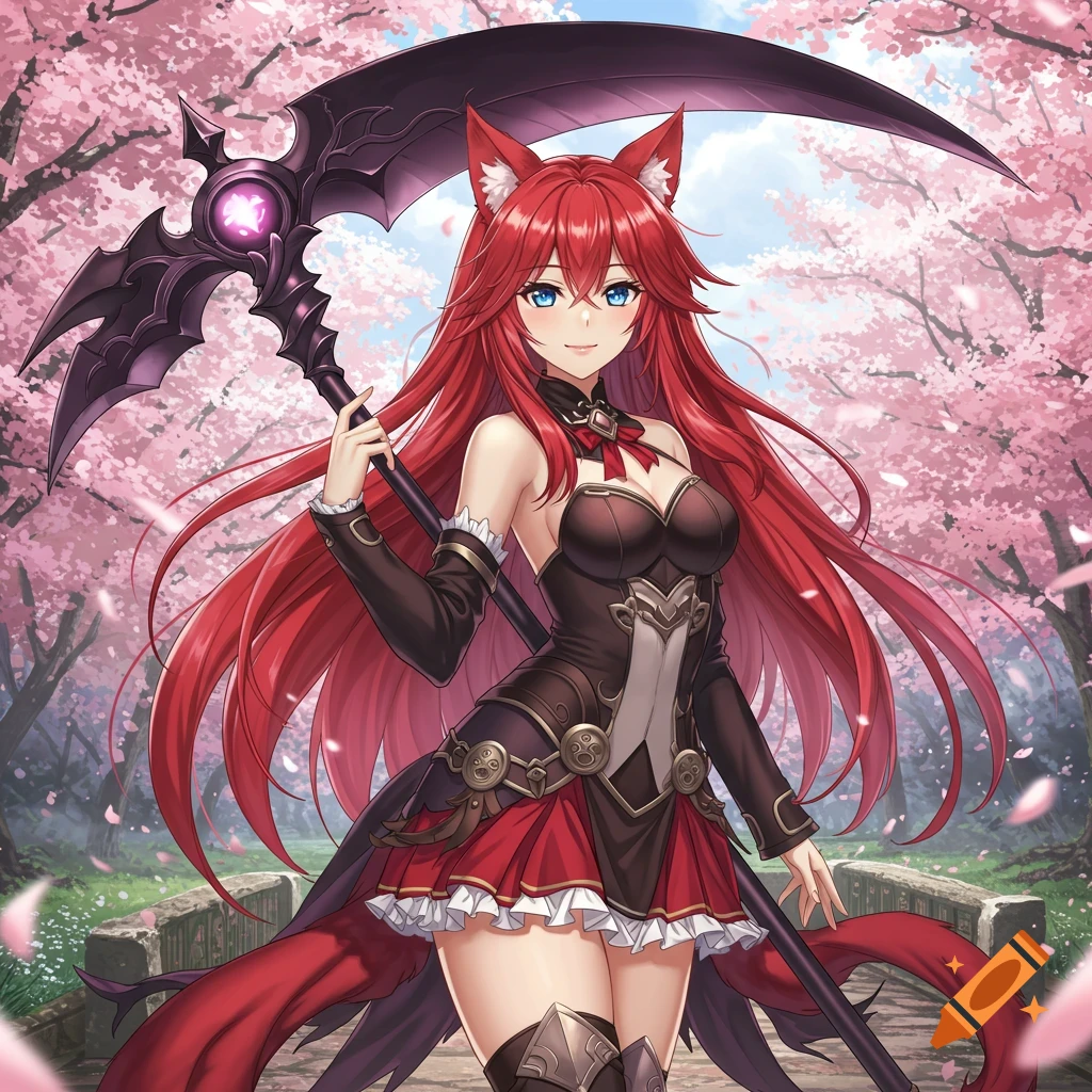 Anime girl with long red hair, cat ears, and a scythe stands on a bridge among cherry blossom trees.