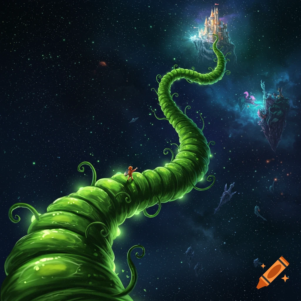 A small figure climbs a giant beanstalk reaching into space towards a floating castle.