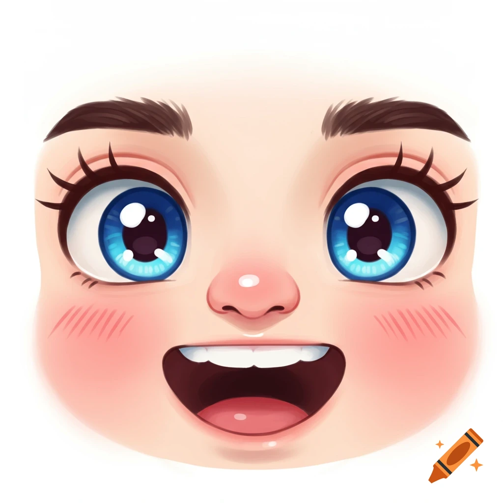 Close-up of a cartoon face with wide blue eyes, rosy cheeks, and a wide smile, featuring eyebrows, nose, and mouth.