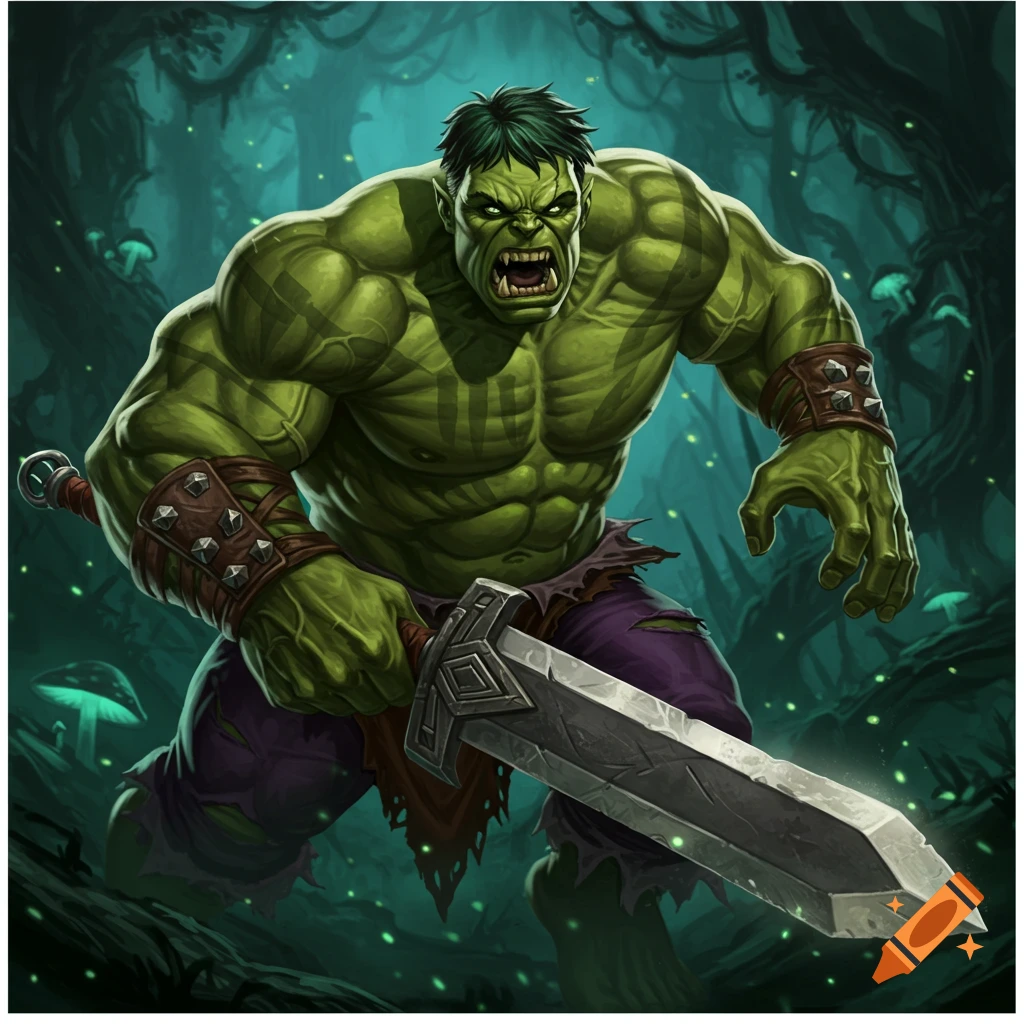 The Hulk as a half-orc barbarian wielding a large sword in a forest.