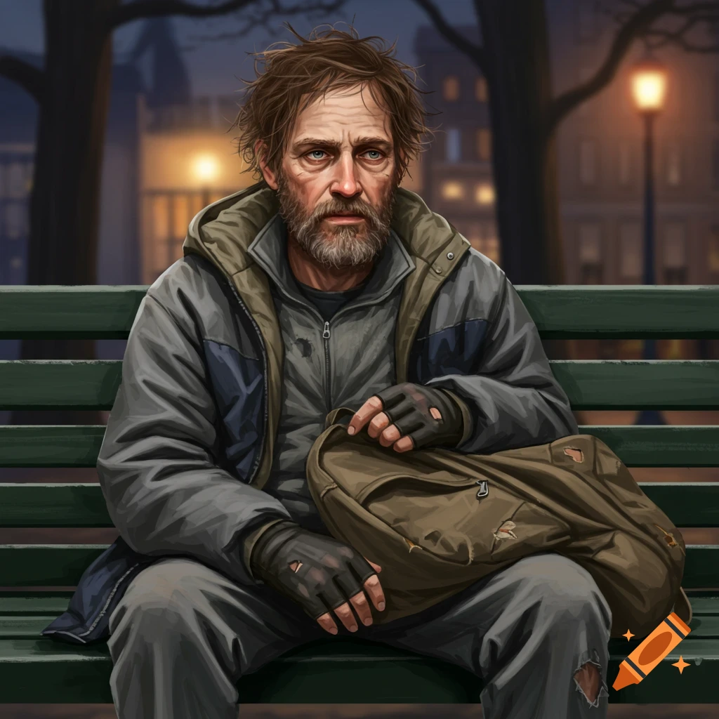A disheveled man is sitting on a park bench with a bag.