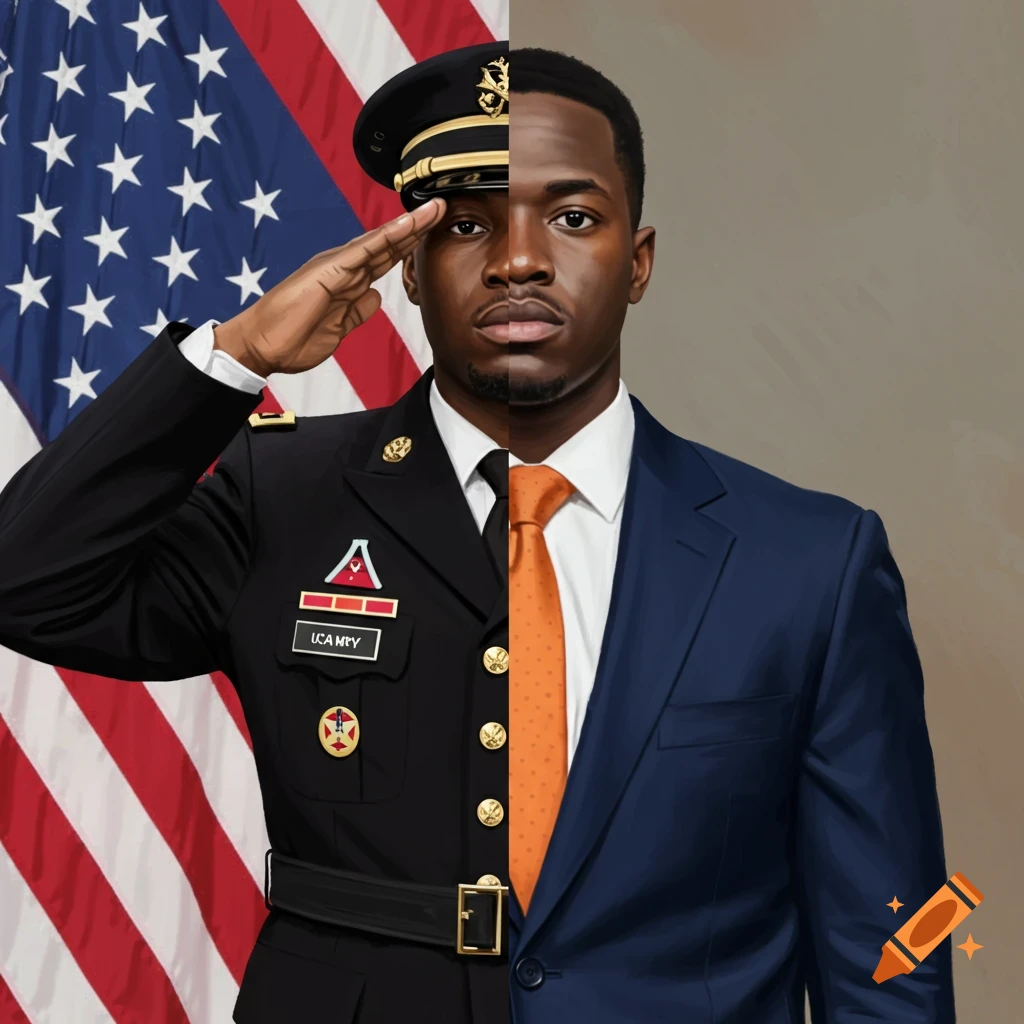 A man is depicted, half in military uniform saluting with the US flag in the background, and the other half in a business suit.