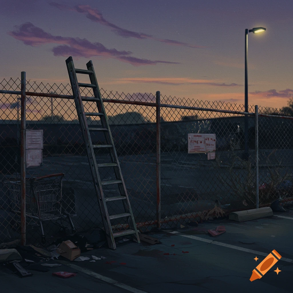 A ladder leans against a chain-link fence in a cluttered parking lot at dusk.
