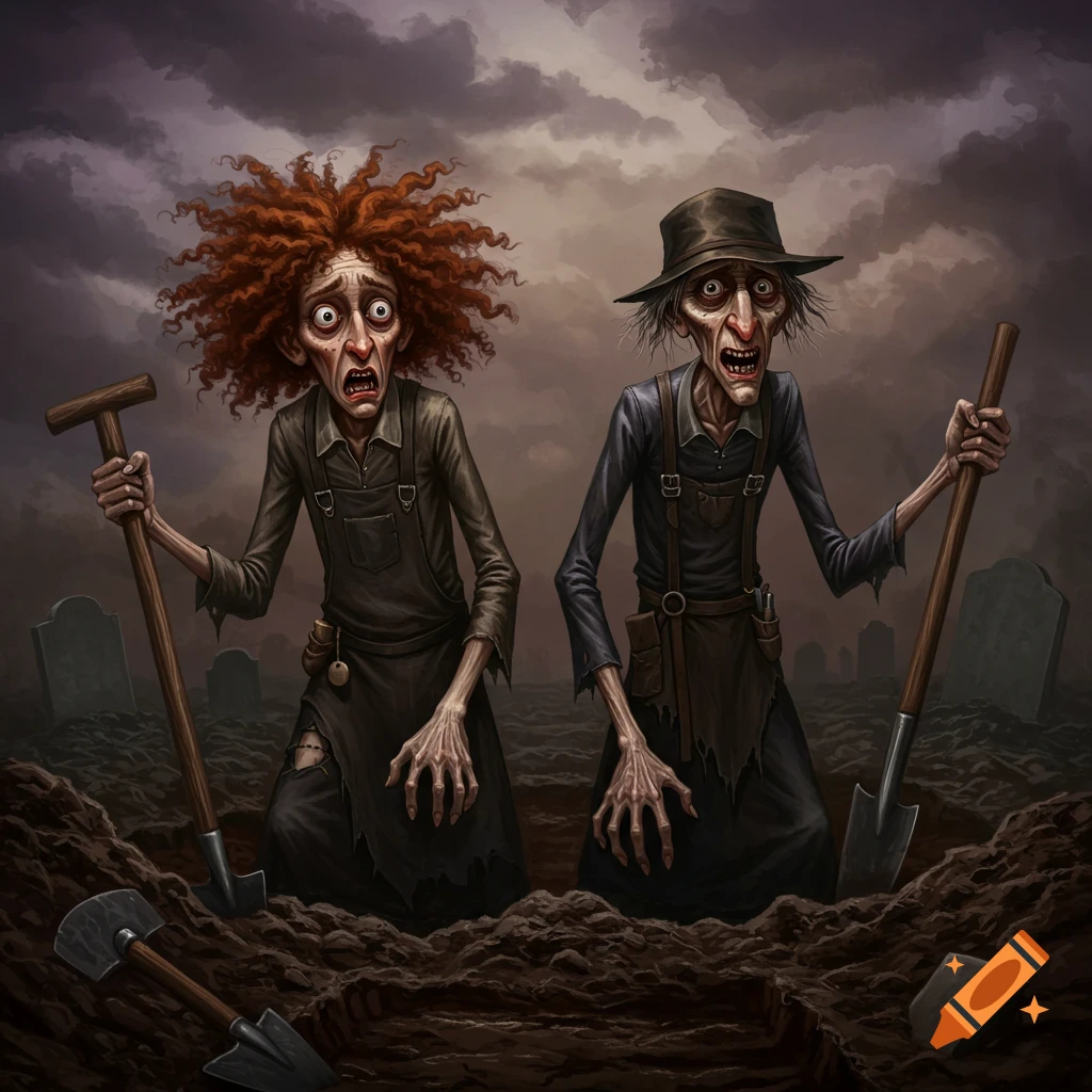 Two fearful, grotesque gravediggers holding shovels in a graveyard.