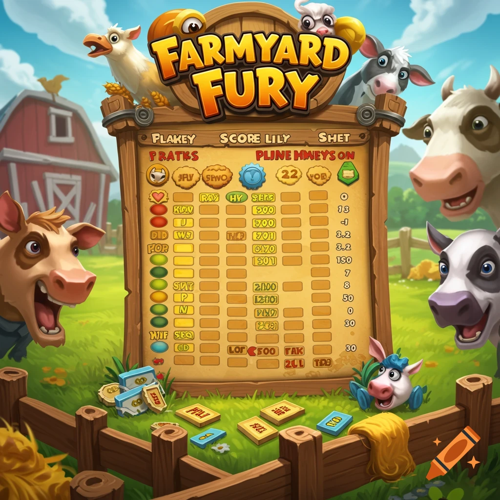 Cartoon farm animals look at a scoreboard displaying game scores and text in a farmyard.