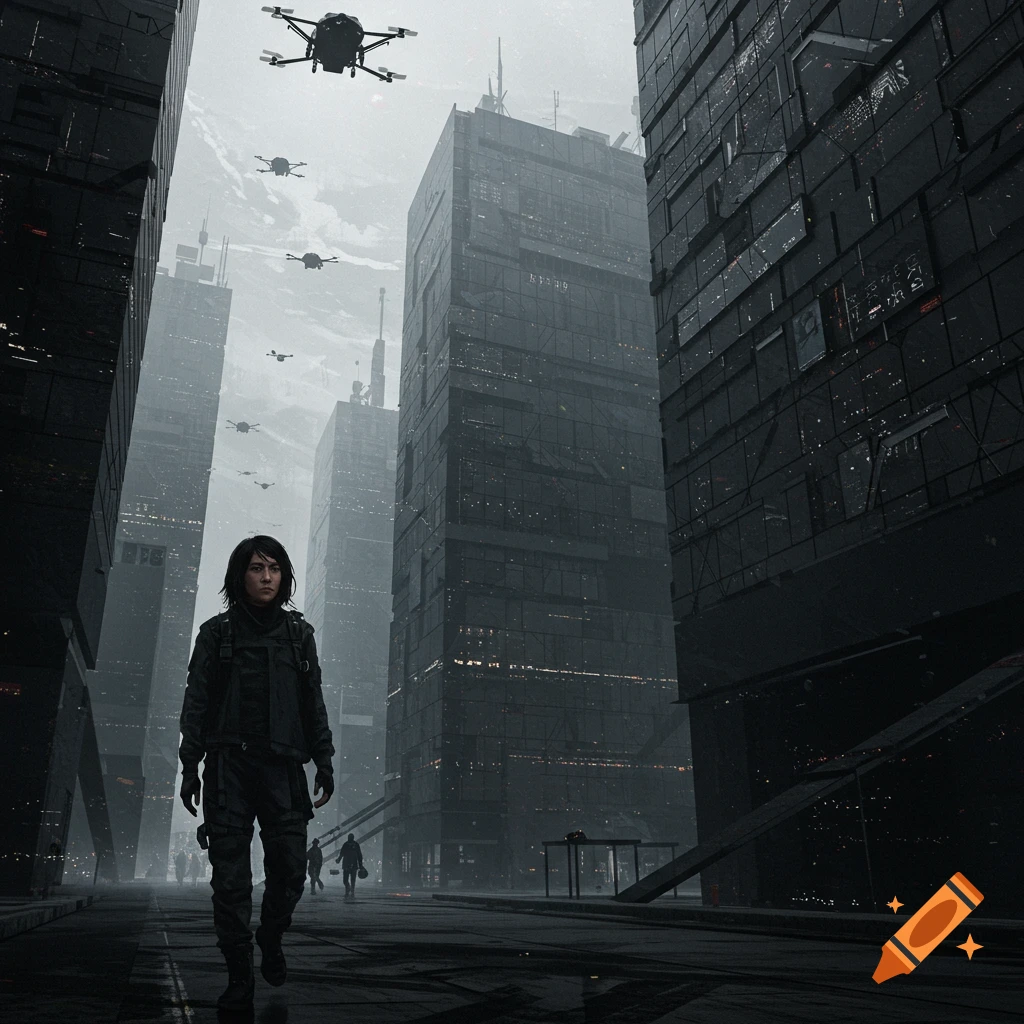 A person walking in a dark, dystopian city with drones overhead.