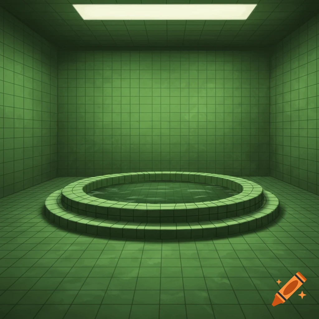 A green-tiled room with a circular pool in the center with steps.