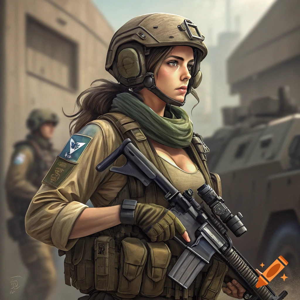 Portrait of a woman soldier in combat gear holding an assault rifle, urban background.