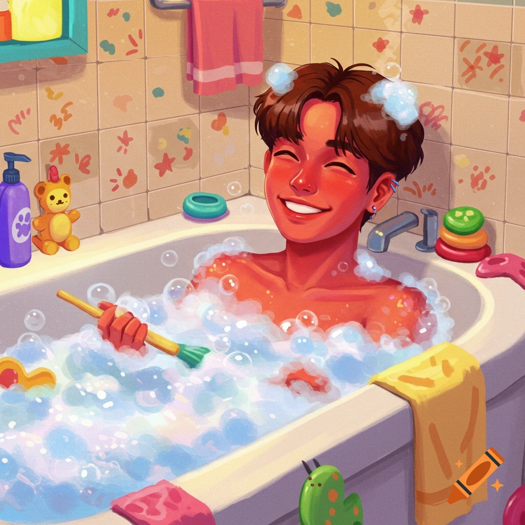 A person smiling while taking a bubble bath, surrounded by toys