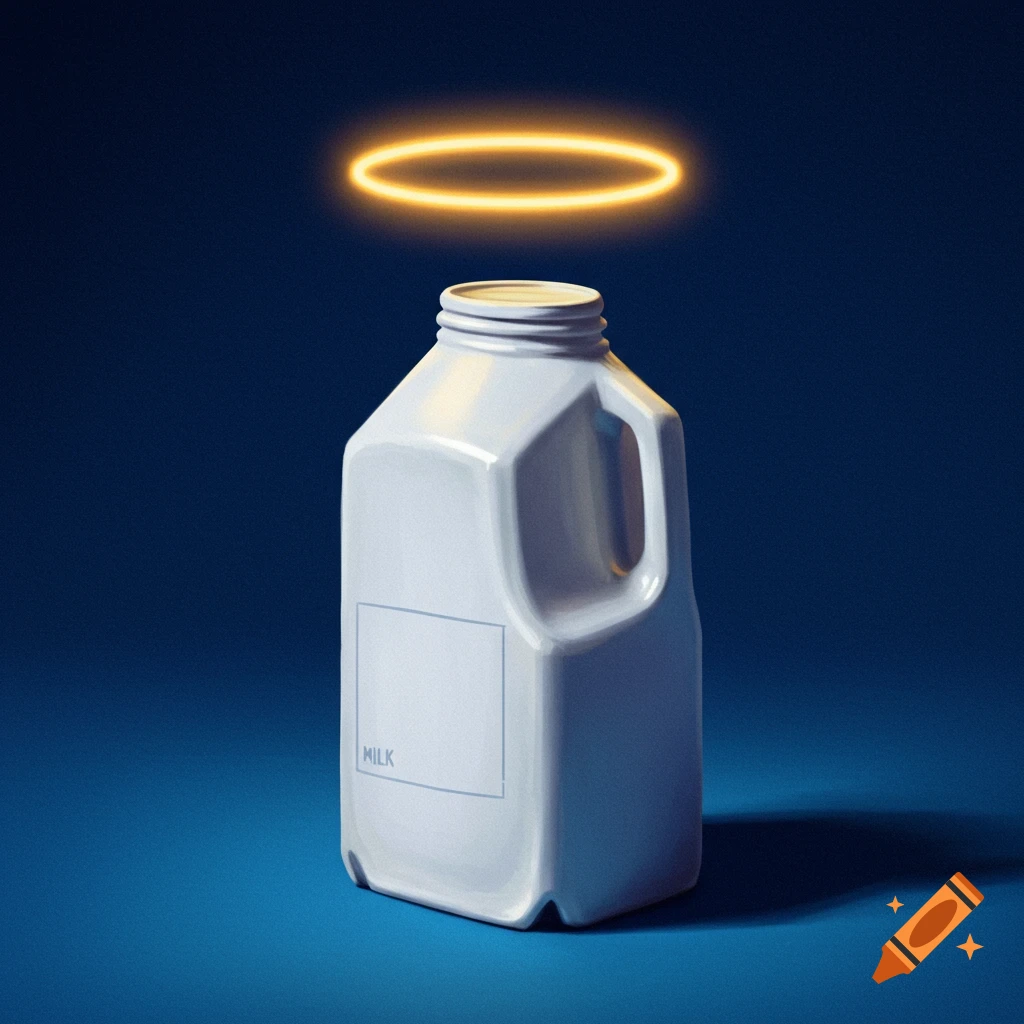 A white milk carton with a glowing orange halo above it, on a blue background.