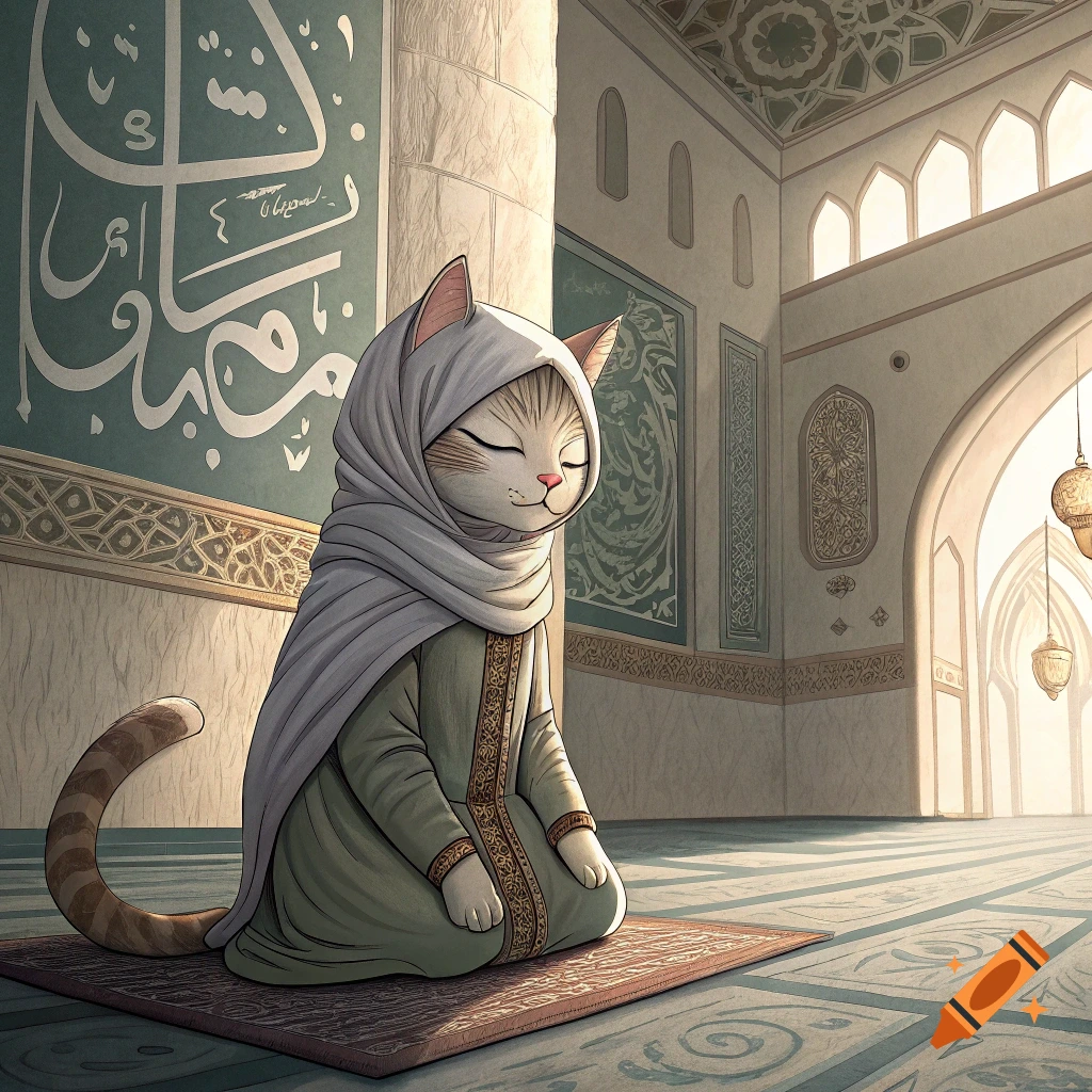 A cat wearing a hijab and robe sits on a prayer rug in a mosque.