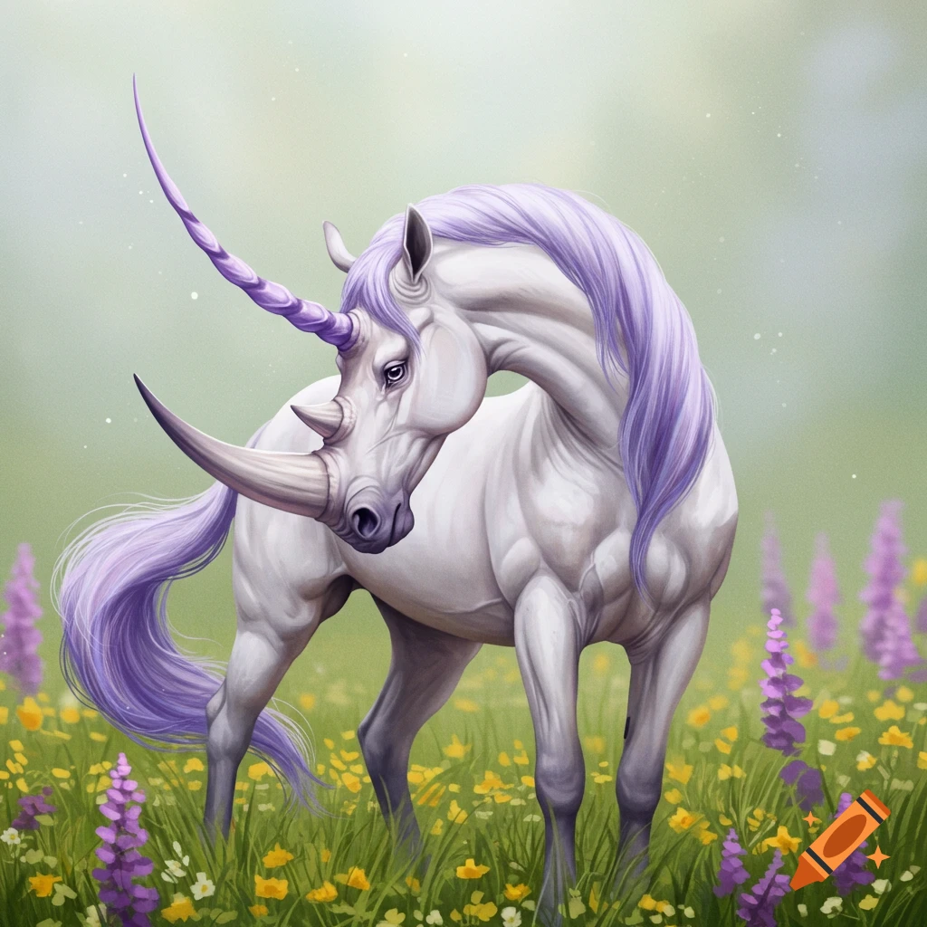 A white unicorn-like creature with purple mane and rhino horn in a field of flowers.