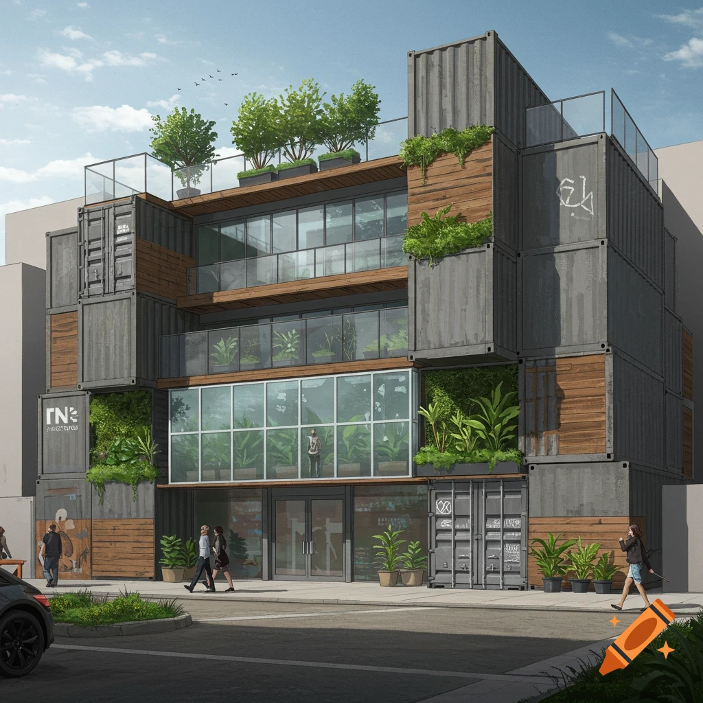A modern commercial building made of shipping containers with large glass windows and green plants.