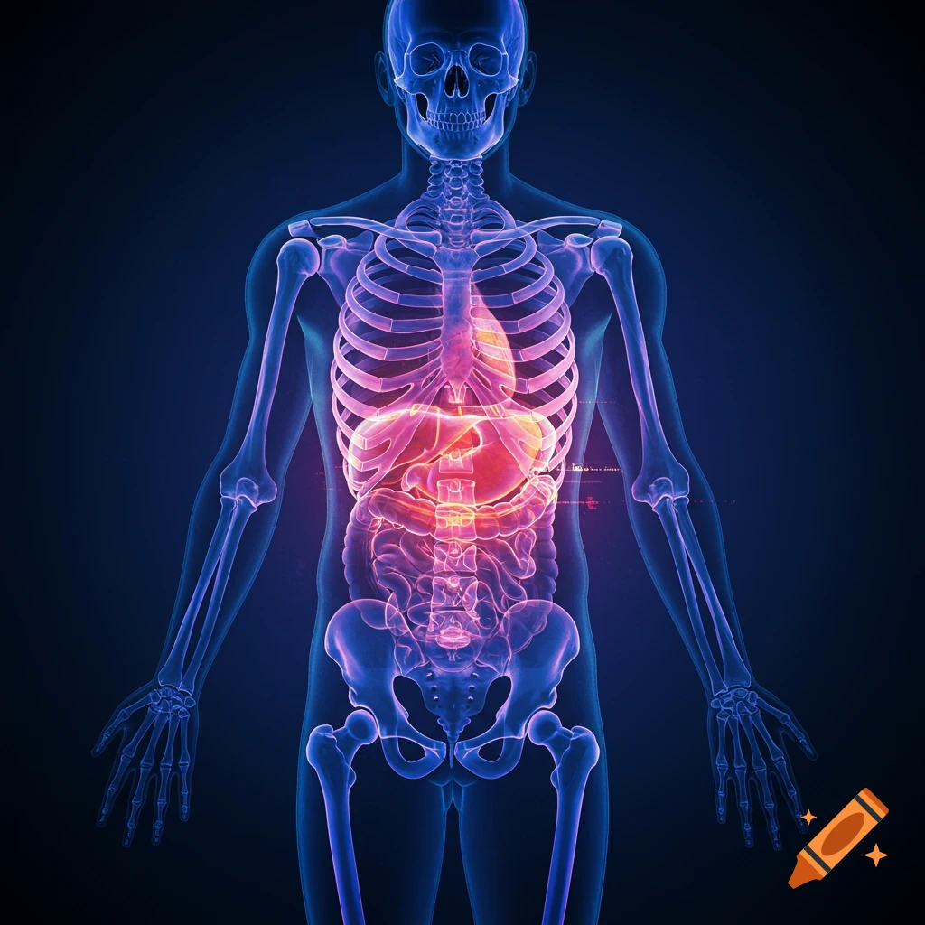 Medical illustration of a human skeleton and internal organs in an X-ray style.