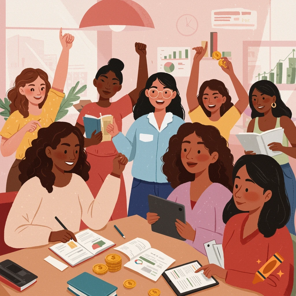 Image depicting diverse women studying finance, charts, and books, celebrating empowerment.