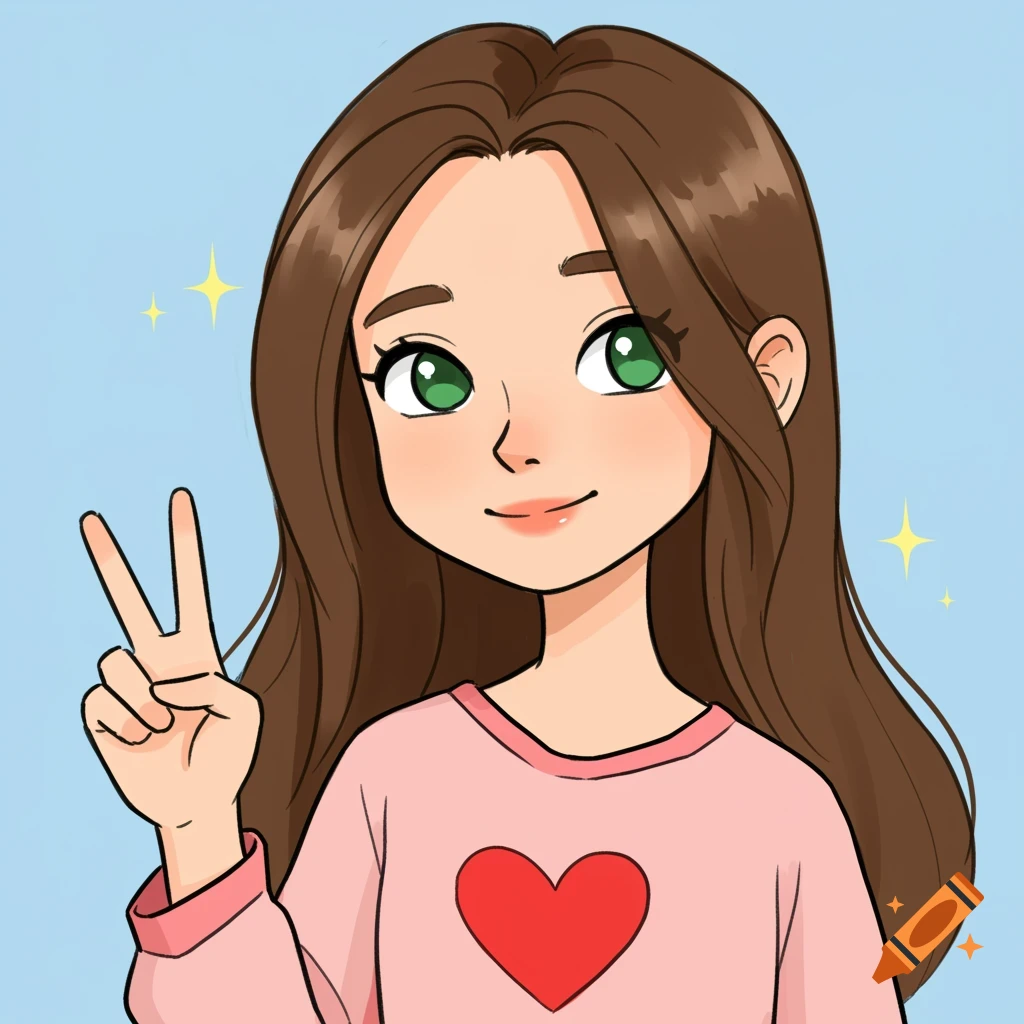 Cartoon portrait of a girl with brown hair and green eyes holding up a peace sign.