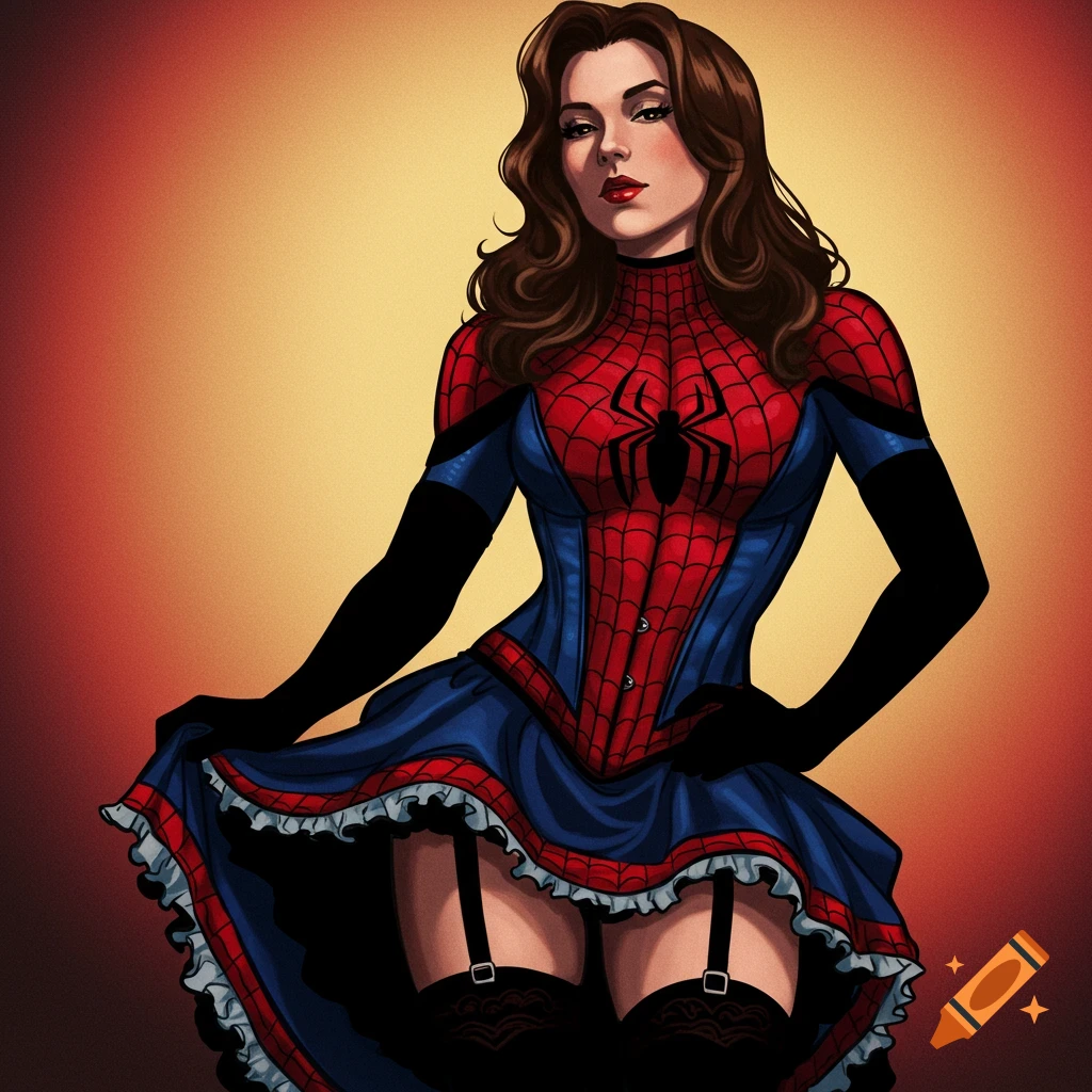 A woman poses in a Spider-Man themed pin-up style dress.