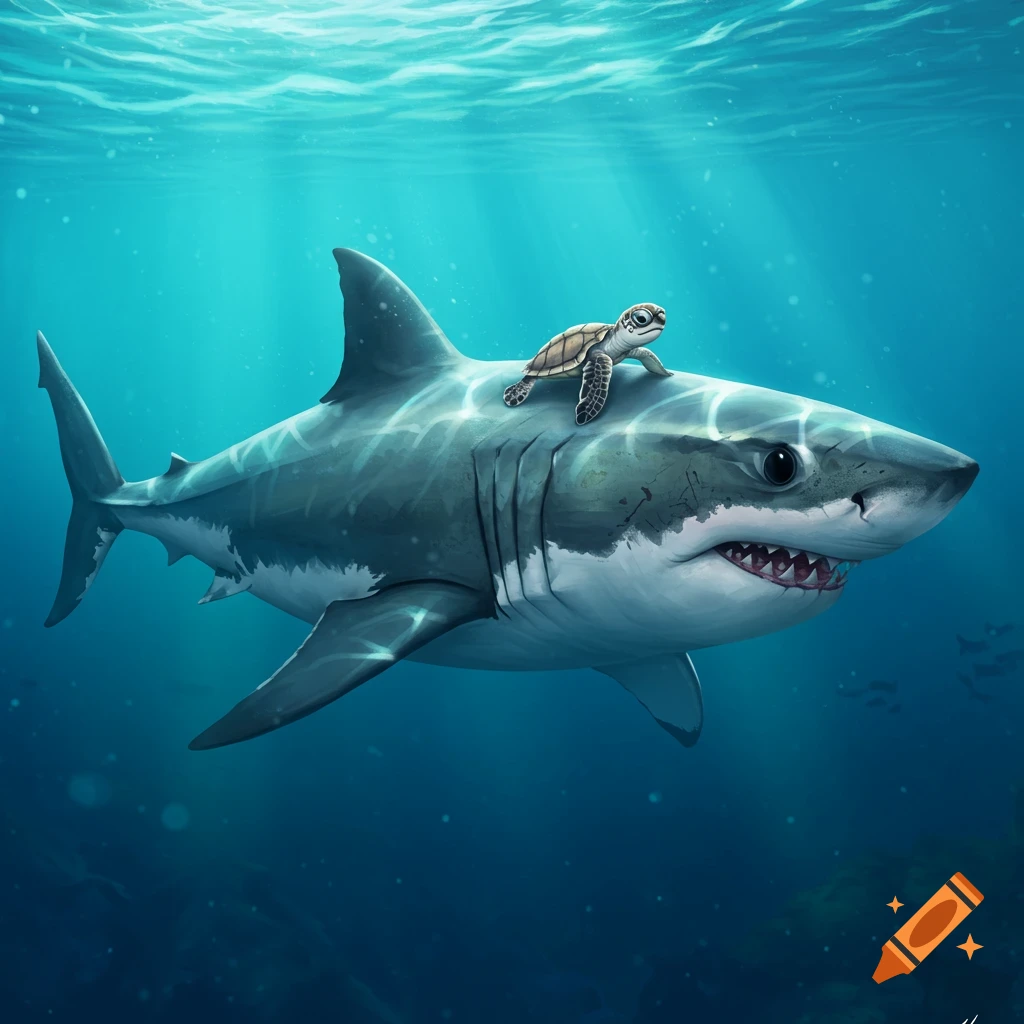A shark swimming underwater with a baby turtle on its back.