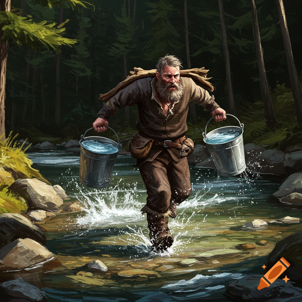 A mountain man is running through a stream while carrying two buckets of water and sticks.