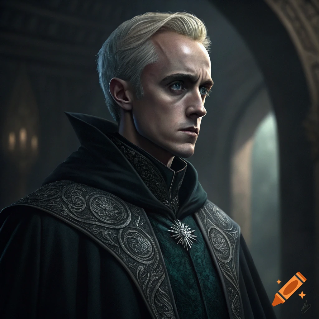 Portrait of a serious blonde man in a dark, ornate cloak