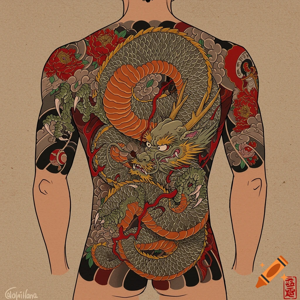 A person's back covered in a Japanese Yakuza-style tattoo of a dragon and flowers.