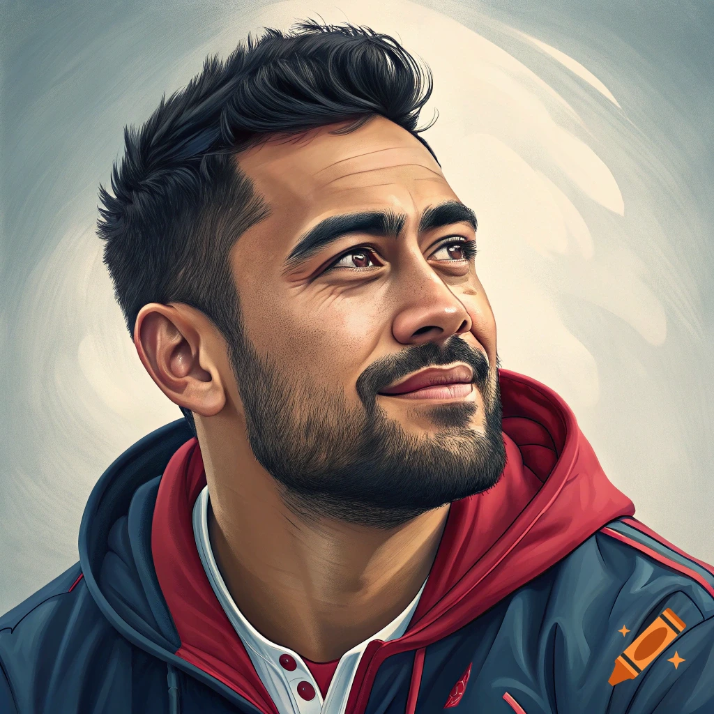 Illustrative portrait of a smiling man with dark hair and beard looking up