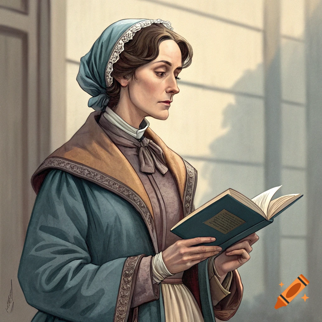 A woman in period clothing and a head covering reads a book.