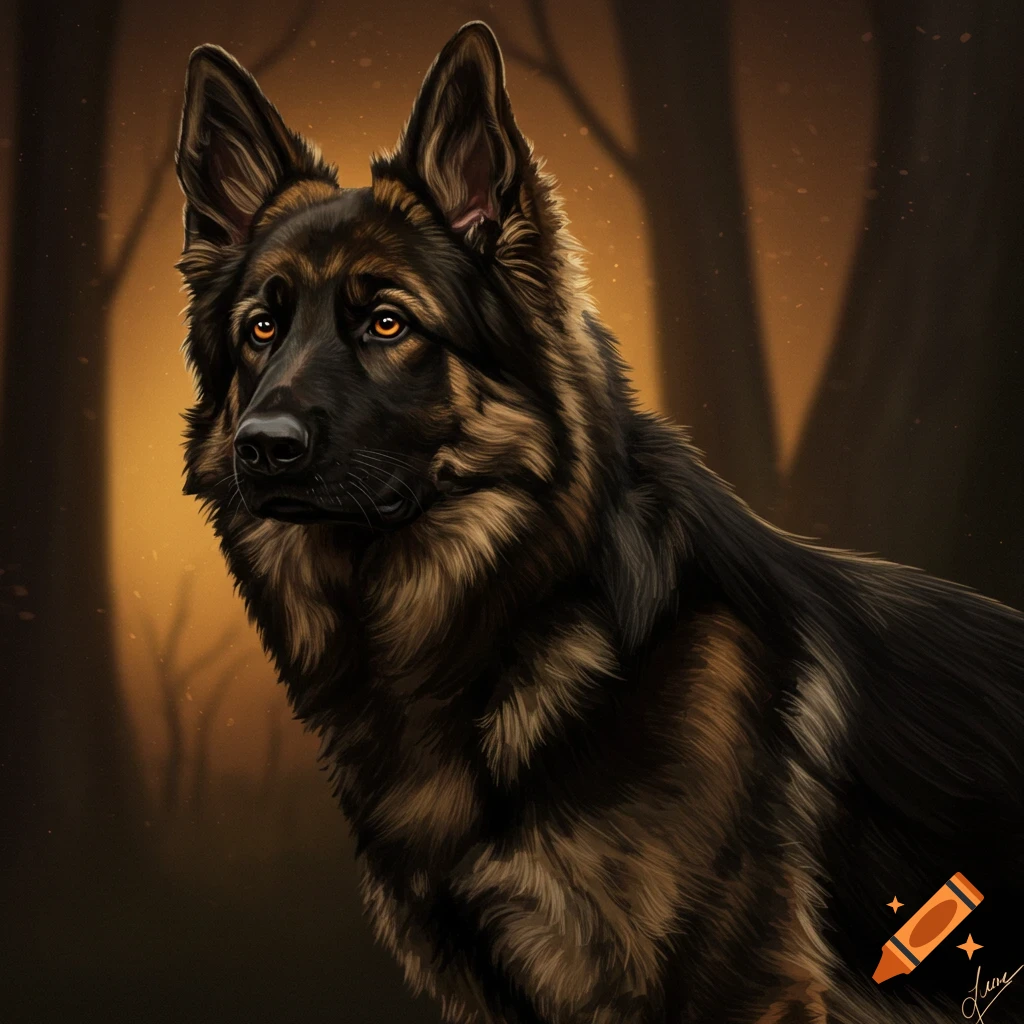 A German Shepherd with glowing eyes in a forest.
