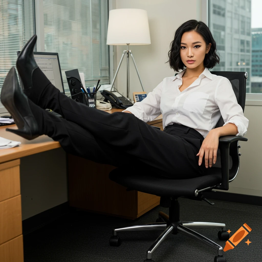 Photorealistic image of a woman sitting at an office desk with her feet up