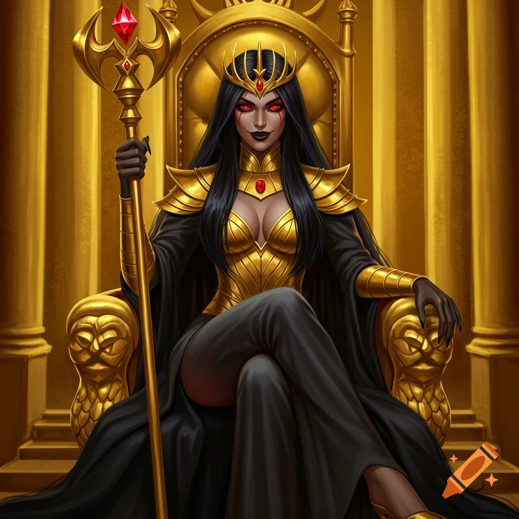 An evil queen with red eyes sitting on a golden throne, holding a staff.