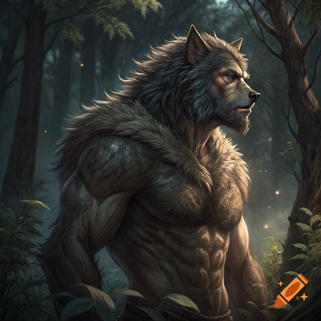 A muscular werewolf stands in a dark, misty forest, illuminated by glowing particles.