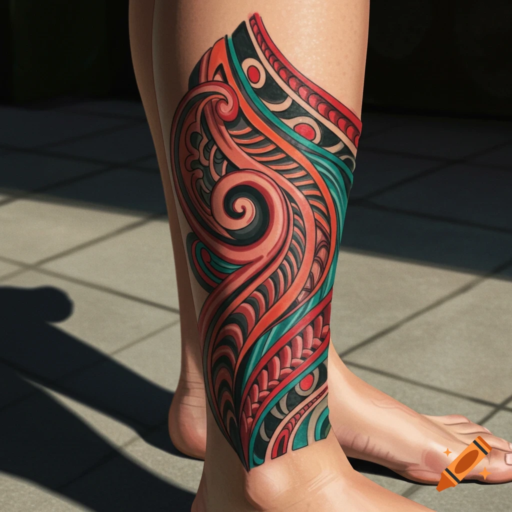 Lower leg with a colorful wrap-around tribal tattoo
