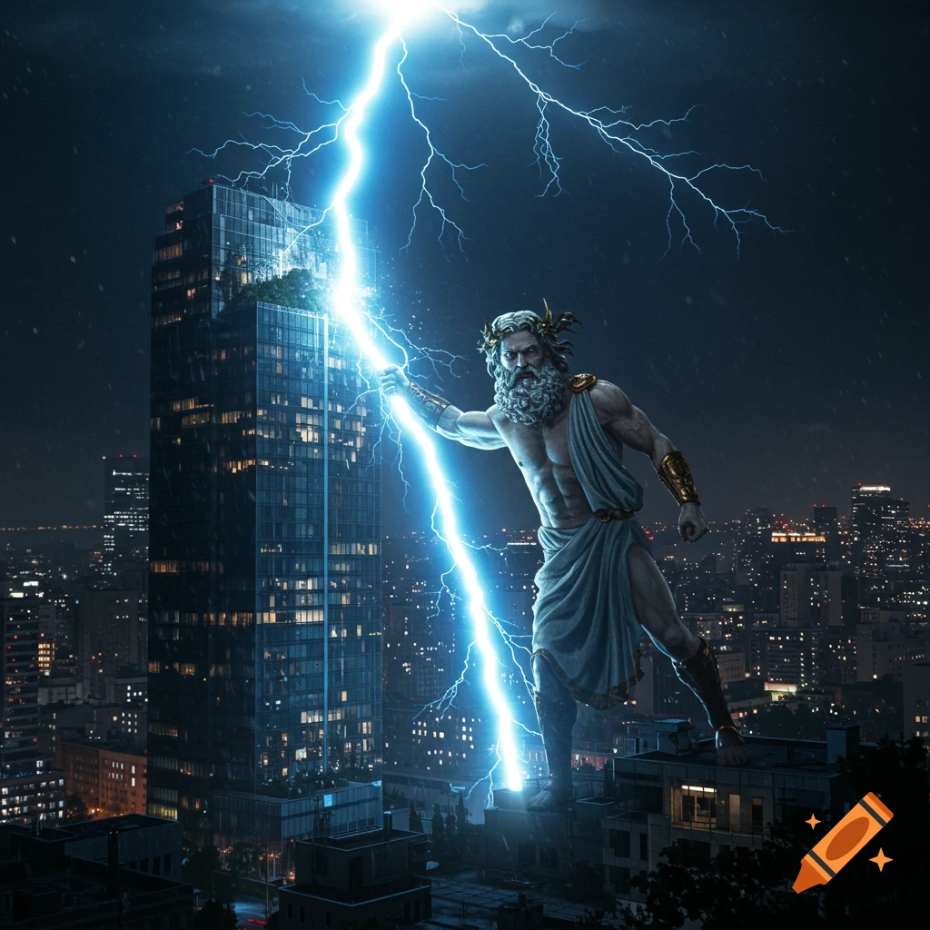 Giant statue of Zeus on rooftop striking skyscraper with lightning during a storm over a city