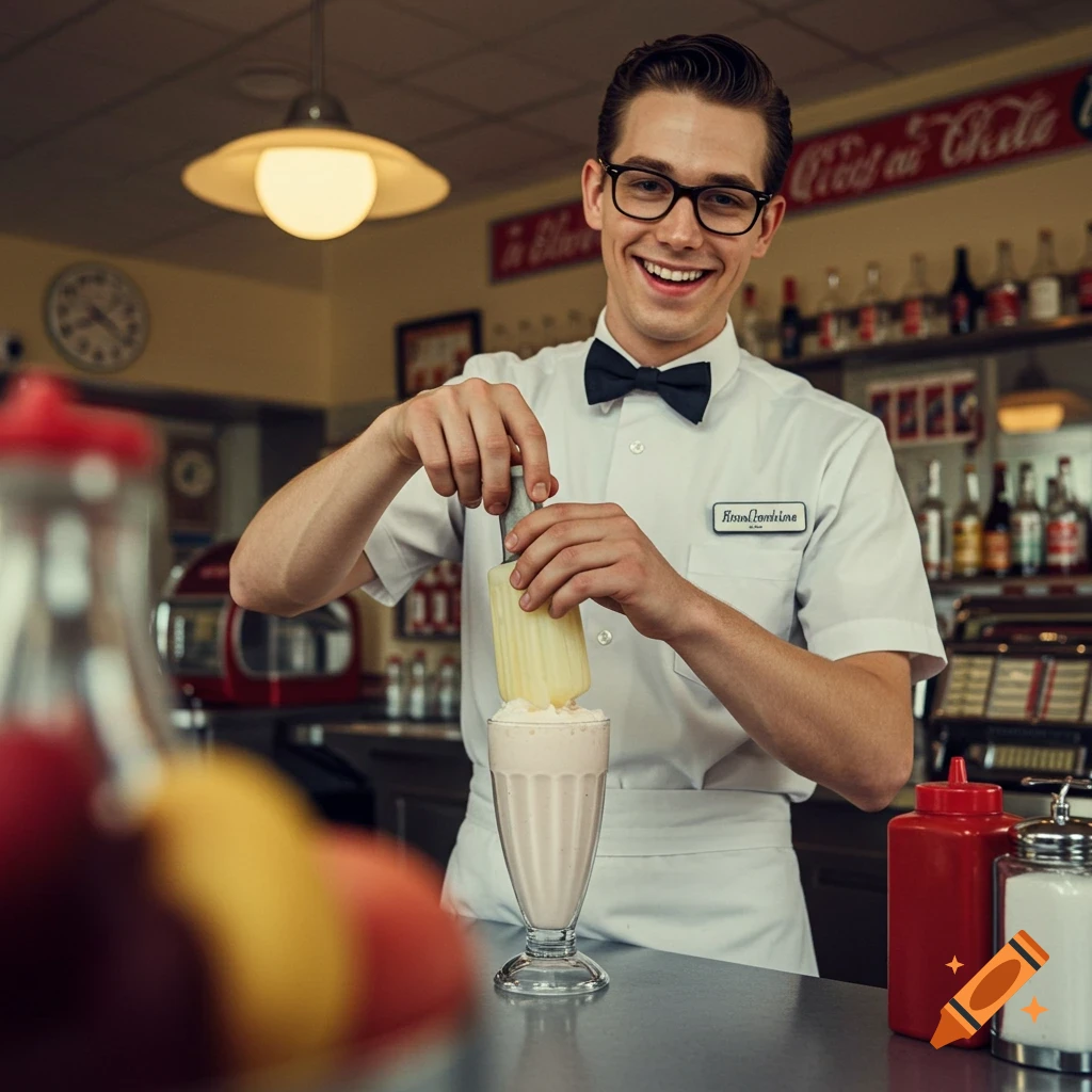 A smiling 1950s soda jerk makes a milkshake in a diner.