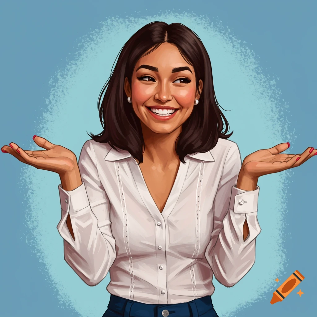 A smiling woman shrugging with her hands open.
