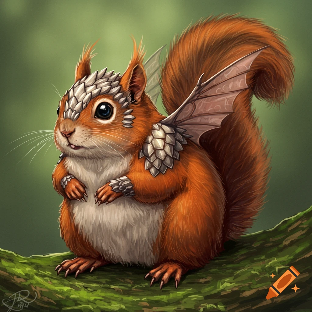 A chubby squirrel with dragon scales and wings sits on a branch.