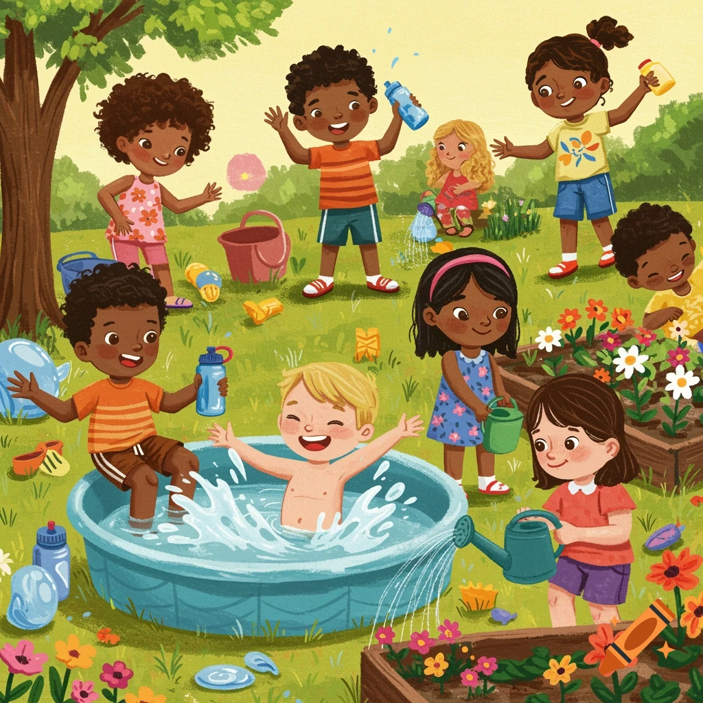 Vibrant whimsical children playing with water in a wading pool and watering flowers in a garden.